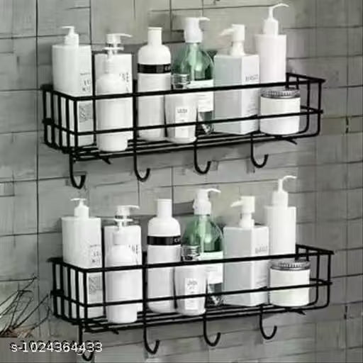 2-Pack Rustproof Heavy Duty Metal Wall Shelf Rack Holder with Strong Adhesive Pads & 4 Hanging Hooks - Punch Free Space Saving Wall Organizer for Home & Kitchen