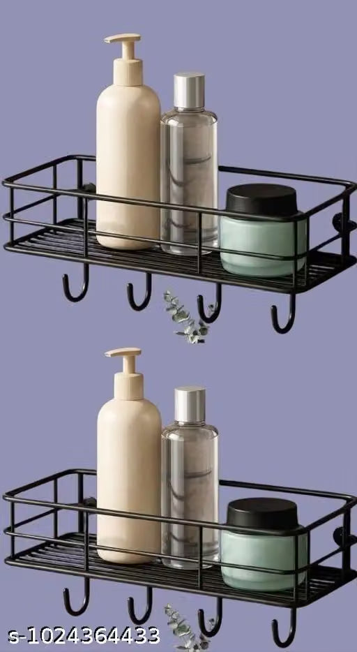 2-Pack Rustproof Heavy Duty Metal Wall Shelf Rack Holder with Strong Adhesive Pads & 4 Hanging Hooks - Punch Free Space Saving Wall Organizer for Home & Kitchen