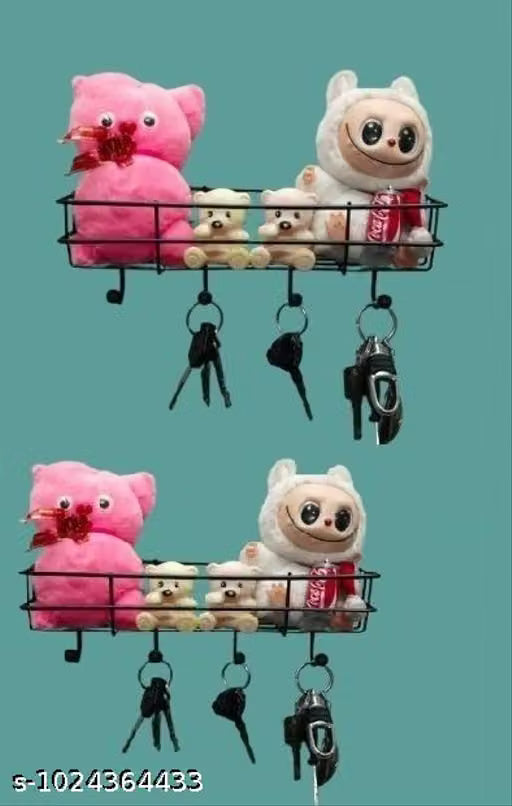 2-Pack Rustproof Heavy Duty Metal Wall Shelf Rack Holder with Strong Adhesive Pads & 4 Hanging Hooks - Punch Free Space Saving Wall Organizer for Home & Kitchen